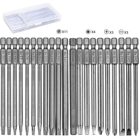 21pcs Magnetic Screwdriver Bits 100mm Hex Shank Screwdriver Bit 1/4" Torx T6-T40 H3-H6 Hexagonal 3mm-6mm Phillips Cross PH2 SL4-SL6 Flat 4mm-6mm Long Screwdriver S2 Steel (1/5)
