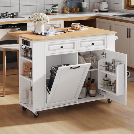 MODFU – Isola cucina mobile 120x40-70x92 cm in MDF con tavolo allungabile, prese USB, vani contenitore e carico 60 kg – Bianco/naturale (1/5)