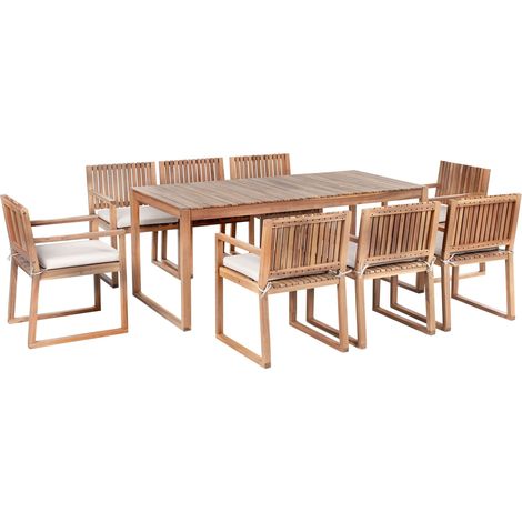 Set da Giardino Legno di Acacia chiaro con Tavolo e 8 Sedie con Cuscini beige chiaro Sassari II