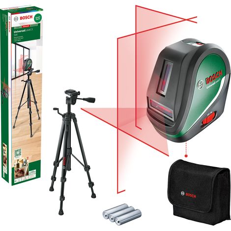 Bosch Kreuzlinienlaser UniversalLevel 3 mit Stativ (Laserkreuz mit zusätzlicher Vertikallinie im 90°-Winkel für ein zusätzliches Laserkreuz an der Decke und unterem Lotpunkt zum genauen Ausrichten) (1/4)