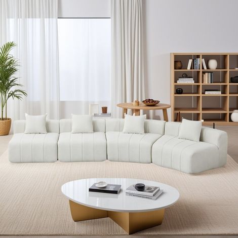 Sofá modular curvo de 4 plazas en chenilla beige, sin montaje, para salón -FLORAGRACE (1/5)