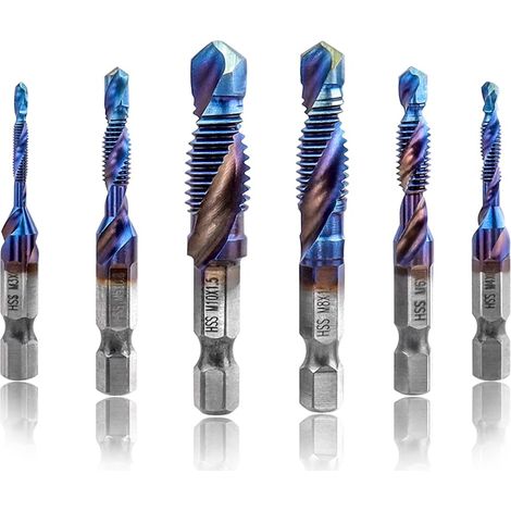 Lot de 6 tarauds combinés M3 M4 M5 M6 M8 M10 - Tarauds manuels - Tarauds hélicoïdaux avec 6,35 mm - Pour visseuse sans fil - Taraud manuel HSS (1/5)