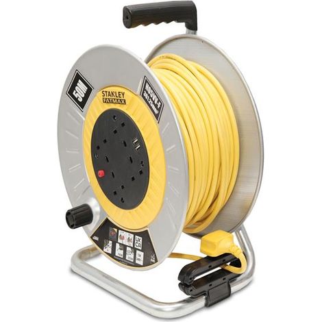Stanleyl SXECGM2OHXE Open Metal Drum Cable Reel 240V 13A 4-Socket + 2 USB 50m (1/4)