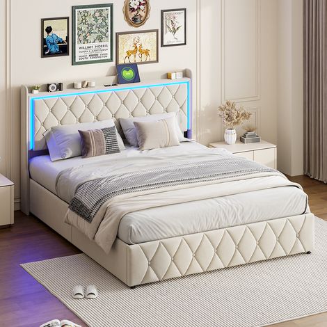Lit coffre 140 x 200 avec tête de lit et sommier, lit double rembourré avec ports LED et USB, lit 140 x 200 avec sommier à lattes en bois, lit 2 personnes en velours beige (1/5)