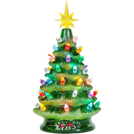 Sapin de Noël en céramique de 30,5 cm, sapin de Noël vintage pré-éclairé avec lumières LED multicolores, fonctionne à piles, peint à la main, décorations de Noël d'intérieur