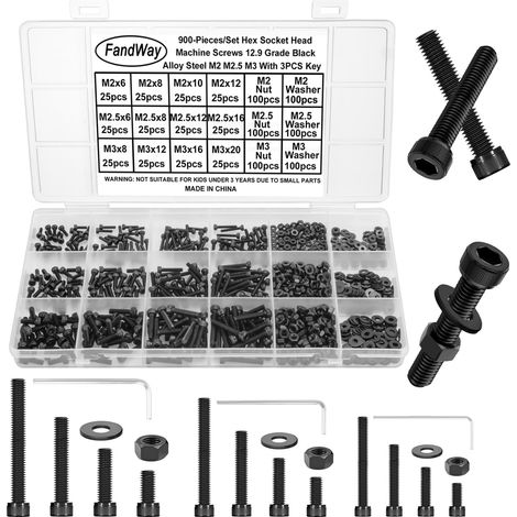 M2 M2.5 M3 Vis à Six Pans Creux,900 Pièces Vis à Métaux Tête Cylindrique,Jeu de Boulon et écrous Rondelles,Boulon a Tête Hexagonale en Acier Allié 10,9 Noir,Avec 3 Clés Hexagonales. (1/5)