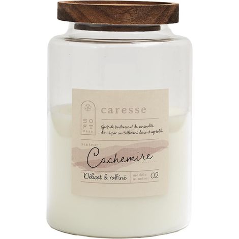 Bougie parfumée avec couvercle en acacia (H16,5 cm) senteur cachemire (1/4)