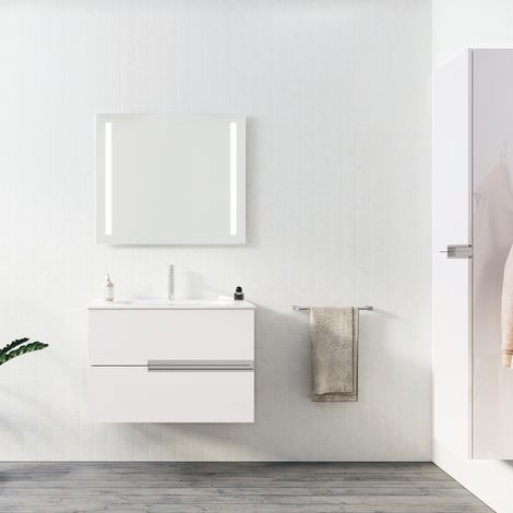 Mueble de baño 80 cm Blanco Glossy - 2 cajones y lavabo de cerámica blanca