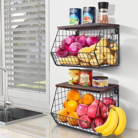 Corbeille à fruits suspendue à 2 niveaux, panier à fruits suspendu pour la cuisine, ensemble de 2 pièces avec couvercle en bois, panier en fil métallique empilable et fixable au mur pour ranger légume (1/5)