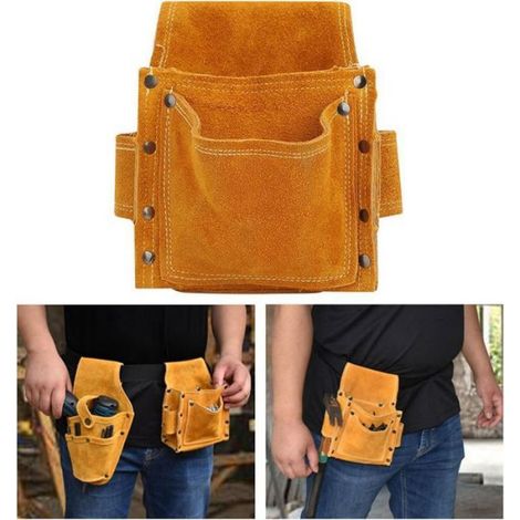 Pochette À Outils - Cuir De Vache Double Couche - Renforcée Rivets Métalliques - Pour Électriciens Artisans - 1 Pièce (1/5)