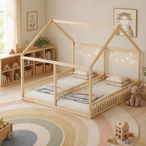 Hausbett 2-in-1 mit Schutzgitter 90x200 Kiefer Natur OKMYHOME (1/5)