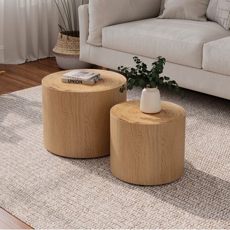 Lot de 2 tables basses rondes gigognes, bois naturel, 48 cm et 38 cm, style moderne (1/5)