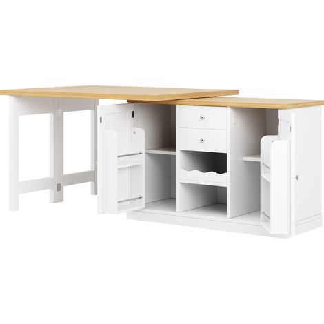 Table îlot de cuisine extensible 120-197 cm, rotation 360°, avec rangements à vin et snacks, portes magnétiques, blanc/noir (1/5)