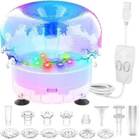 Springbrunnenpumpe mit LED-Beleuchtung und Düsen, DIY-Springbrunnenpumpen-Set mit USB-Netzkabel und Netzteil, Wasserpumpe