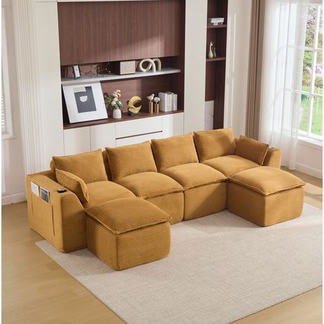 Canapé modulaire 4 places 322x161x75 cm en tissu orange, 2 poufs, pour salon – MEUBLIV (1/5)