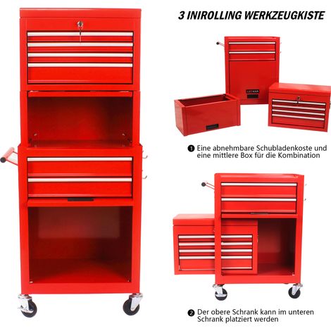 Coffre à outils mobile rouge, 2 en 1 amovible, 6 tiroirs verrouillables, armoire roulante avec 4 roues pivotantes pour garage, atelier et réparation.