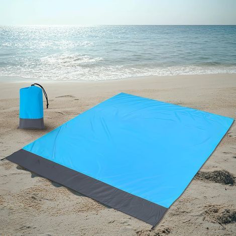 Extra große Stranddecke, wasserdicht, sandabweisend, Picknickdecke mit Taschen, Campingtasche, alles Nötige für den Poolbereich mit der Familie, 210 x 200 cm, blau und grau (1/5)