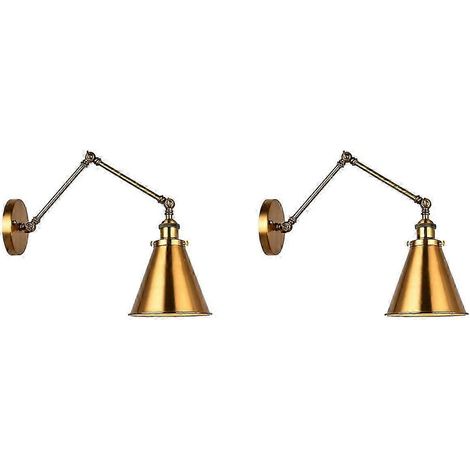 Lot de 2 appliques murales industrielles en laiton avec abat-jour conique et bras réglable, idéales pour un bar à domicile. (1/4)