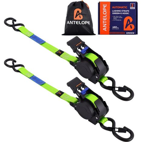 Lot de 2 sangles de serrage automatiques avec crochets en S, résistance à la rupture 680kg, Vert