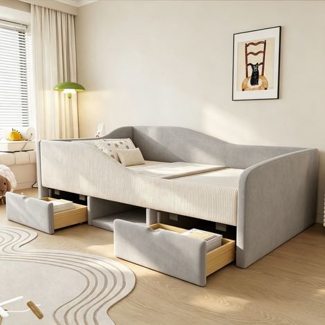 Lit 90x190 cm - Lit enfant banquette 90x190 - 2 tiroirs de rangement barrière anti-chute tissu velours - Gris (1/5)