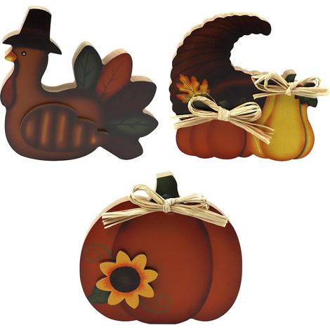Panneau En Bois - Dinde Et Citrouille Pour Thanksgiving - Décoration De Table D'Automne - 3 Pièces (1/5)