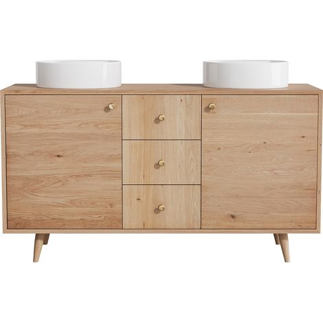 Meuble de salle de bain en chêne massif avec vasque à poser ronde - Naturel clair - 145 cm - ZARENO (1/4)