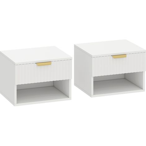 Set di 2 Comodini Sospesi 40x34x29 cm con Pannelli Scanalati Cassetto e Ripiano Bianco (1/5)