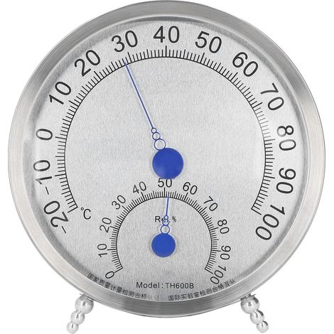 Thermomètre-hygromètre rond en acier inoxydable étanche et résistant à la chaleur pour l'extérieur, avec support. (1/5)
