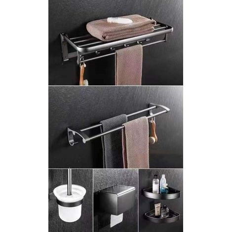 Gunmetal gray folding towel rack (no drilling required), double-layer bathroom storage rack, toilet towel rack, bathroom set - gunmetal gray five-piece set