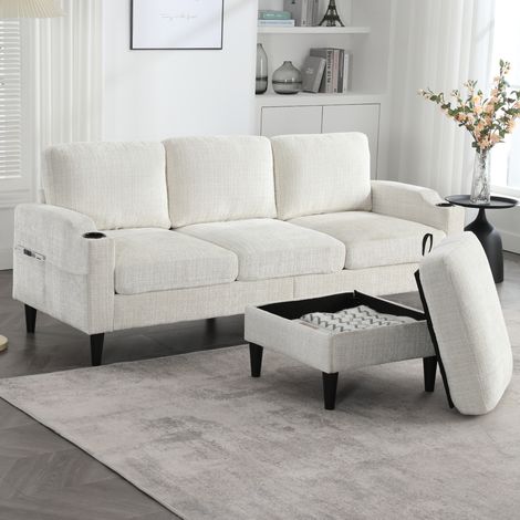 Sofá de 4 plazas (196.5x75x77 cm), con hocker y almacenaje, portavasos y bolsillos, chenille beige (1/5)