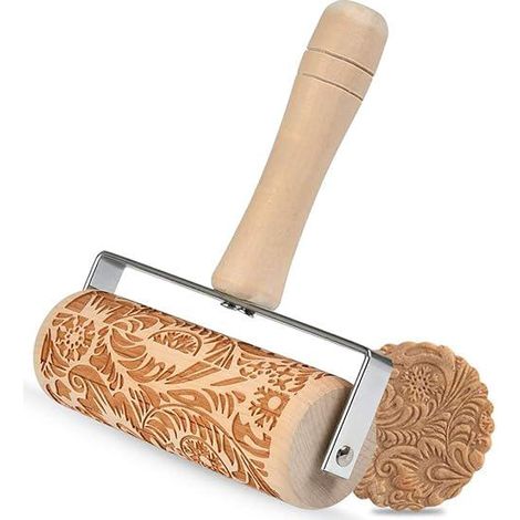 Rouleau à embosser 3D en bois sculpté (motif rotin), aiguille à poussoir métallique à roulement pour gaufrage de Noël, outil de décoration DIY pour gâteaux, biscuits et pâtes à sucre (1/5)