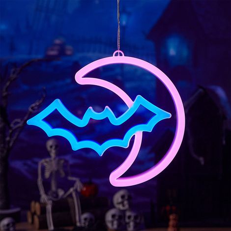 Luminaire Néon LED - Lune Et Chauve-Souris - Décoration Murale Halloween - Alimentation USB Ou Piles - 25 X 21 Cm - 1 Pièce (1/5)