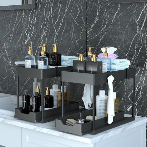 Puricon Lot de 2 Rangement sous Évier à 2 Étages, Organisateur Cuisine avec Tiroirs Amovibles, Rangement Coulissant sous Évier, Organisateur Placard, Étagère, Panier Coulissant pour Cuisine -Noir (1/5)