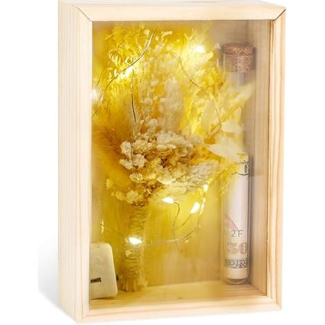 Coffret cadeau en bois avec argent, fleurs séchées, tube à essai, guirlande lumineuse et cartes pour mariage, fête des mères, anniversaire (1/5)
