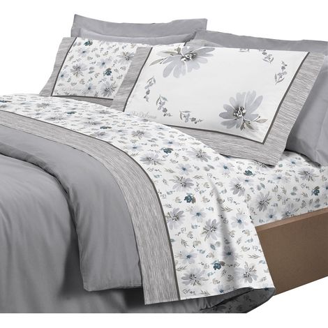 Completo letto set lenzuola 100% cotone di flanella linea Fiore Una piazza e mezza - Grigio