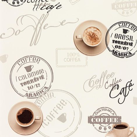 Coffee Cup Wallpaper Off White Beige Typography Script Kitchen Washable Vinyl (1/4)