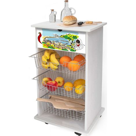 Lupia - Carrello Cucina Multifunzione WHITE NAPOLI CARTOON, Portafrutta Ruote Piroettanti, Piano di Appoggio, tre Cestelli Estraibili in Acciaio, Legno 40X45H85 cm montato (1/4)