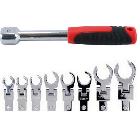 Jeu De 9 Clés À Douille Coudées Pour Écrous À Tête Flexible, 9-19 Mm, Métriques, Pour Conduites De Frein, De Carburant Et De Tuyauterie. (1/5)