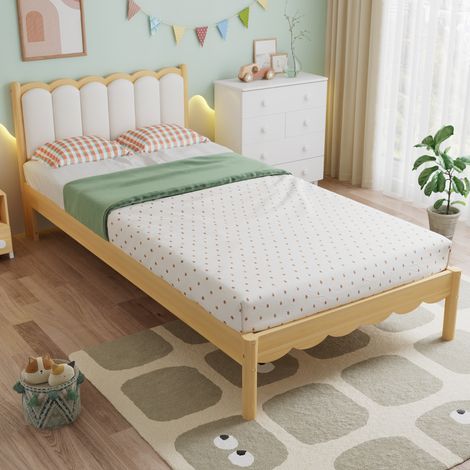 Lit Enfant Simple 90x200 cm Cadre en Bois Massif Tête de Lit Rembourrée en PU Beige Design Ondulé Sommier à Lattes Lit Rembourré Moderne Fille Garçon (1/5)