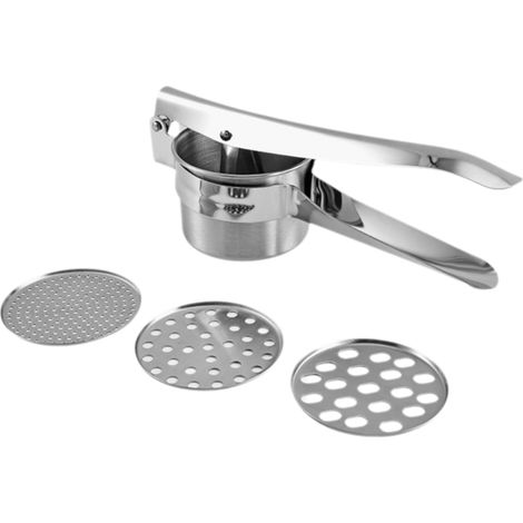 Presse-purée en acier inoxydable, adapté aux pommes de terre, aux fruits et aux légumes, livré avec 3 plaques interchangeables. (1/5)