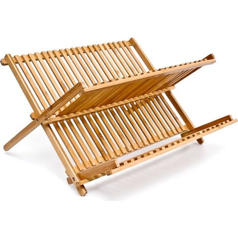 Égouttoir à vaisselle Relaxdays CROSS en bois, dimensions (H x L x P) : 24,5 x 42 x 33 cm, 2 niveaux, pliable, en bambou naturel. (1/5)