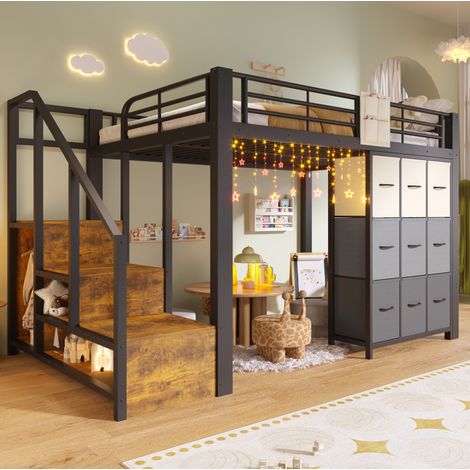 Cama dormitorio alta con cajones armario metal negro OKMYHOME (1/5)