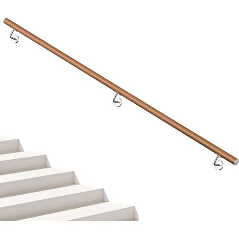 AICA Pasamanos de acero inoxidable 304 acabado madera marrón, 240 cm con 3 soportes, Interior y Exterior