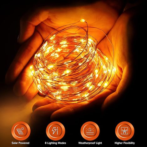 Guirlande Lumineuse Solaire Extérieure, 12M 100 LED Guirlande Lumineuse Solaire Extérieure 8 Modes Imperméable Fil de Cuivre Guirlande Lumineuse Décoration Jardin Patio Maison Noël Fête de Mariage - B (1/4)