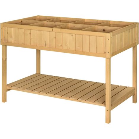 Carré Potager Surélevé - Table de Culture 8 Cases en Bois Sapin, Étagère de Drainage Incluse 110x46x76cm - Bois naturel (1/5)