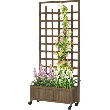 Wooden Trellis Planter, Raised Garden Bed with Wheels, to Climb Grow Vegetables, Herbs Flowers, Brown (1/5)