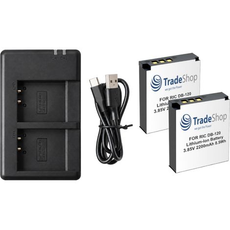 Trade-Shop 3in1 Set: 2x Akku 2200mAh + USB-C Dual LED Ladegerät kompatibel mit Ricoh GR IV GR4 Monochrom HDF, DB-120, 35302, BJ-12 / Digitalkamera (1/5)