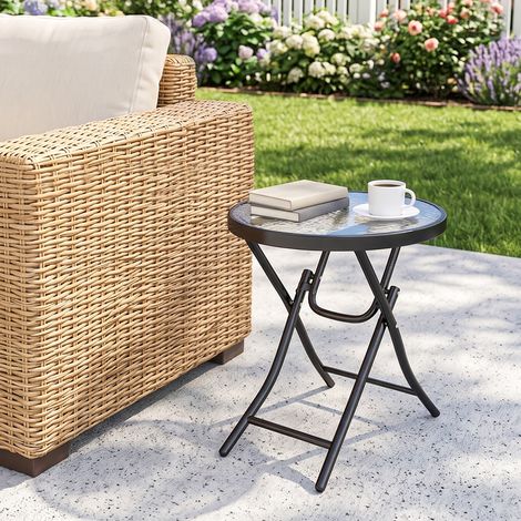 Table basse ronde bistro de jardin Ø 45 x 50H cm pliable métal noir plateau verre trempé (1/5)