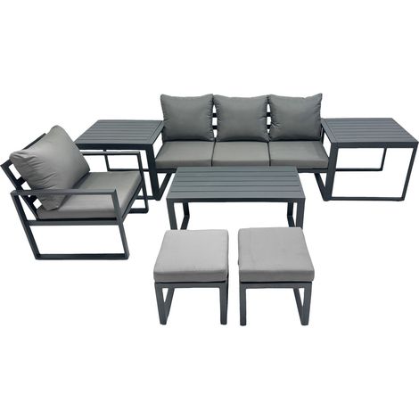 Fimous 6 Seat Outdoor Garden Furniture Set Aluminium Lounge 3 Seat Sofa Oblong Coffee Table Sets with Chair 2 Small Stools 2 Side Tables Dark Grey (1/5)