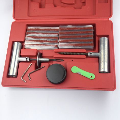 Kit de réparation de pneus de voiture 57 pièces, comprenant des goupilles de réparation en T, des bandes de caoutchouc et une boîte de réparation sous vide. (1/5)
